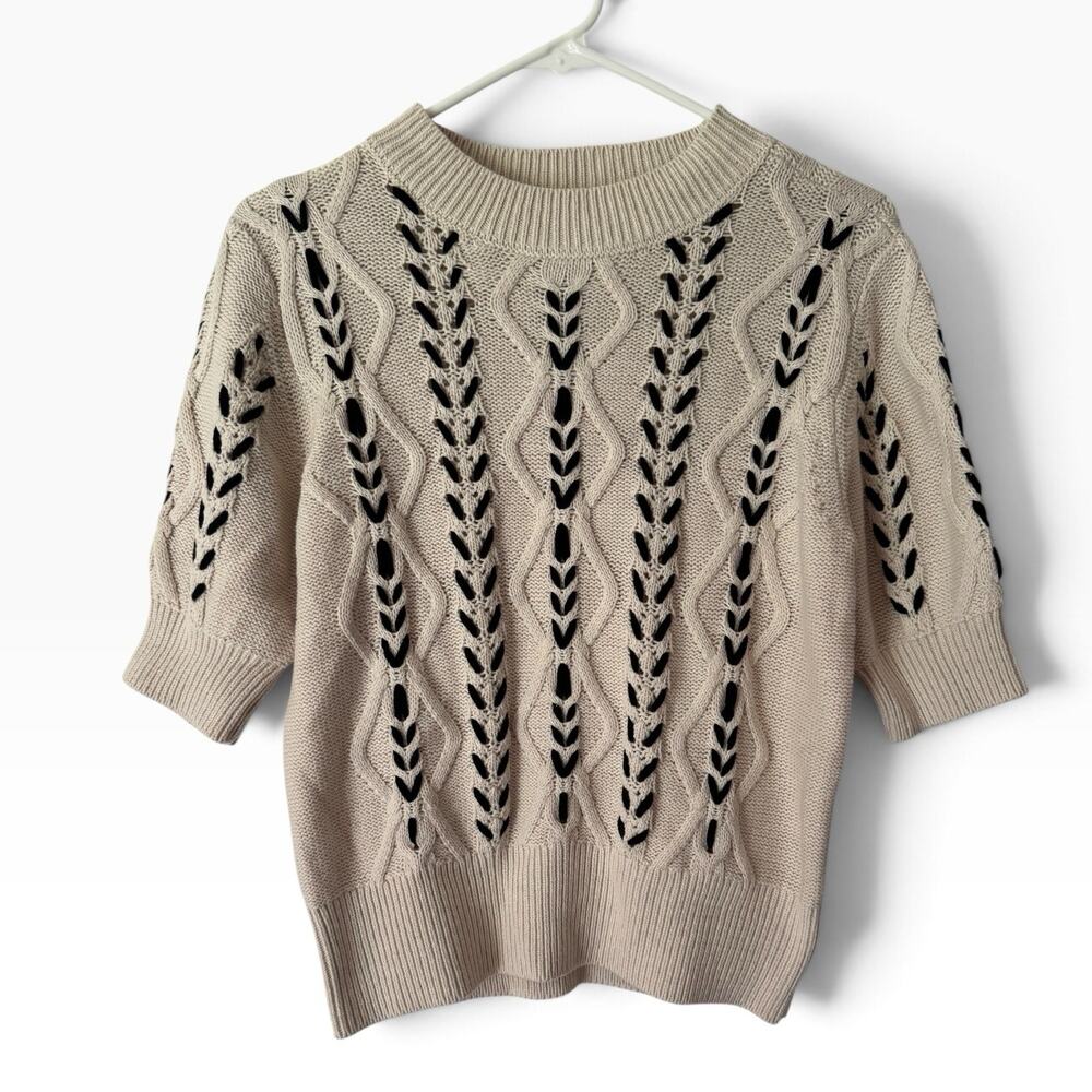 ANA Beige Cable Contrasting Knit Short Sleeve Sweater Women’s Size Small